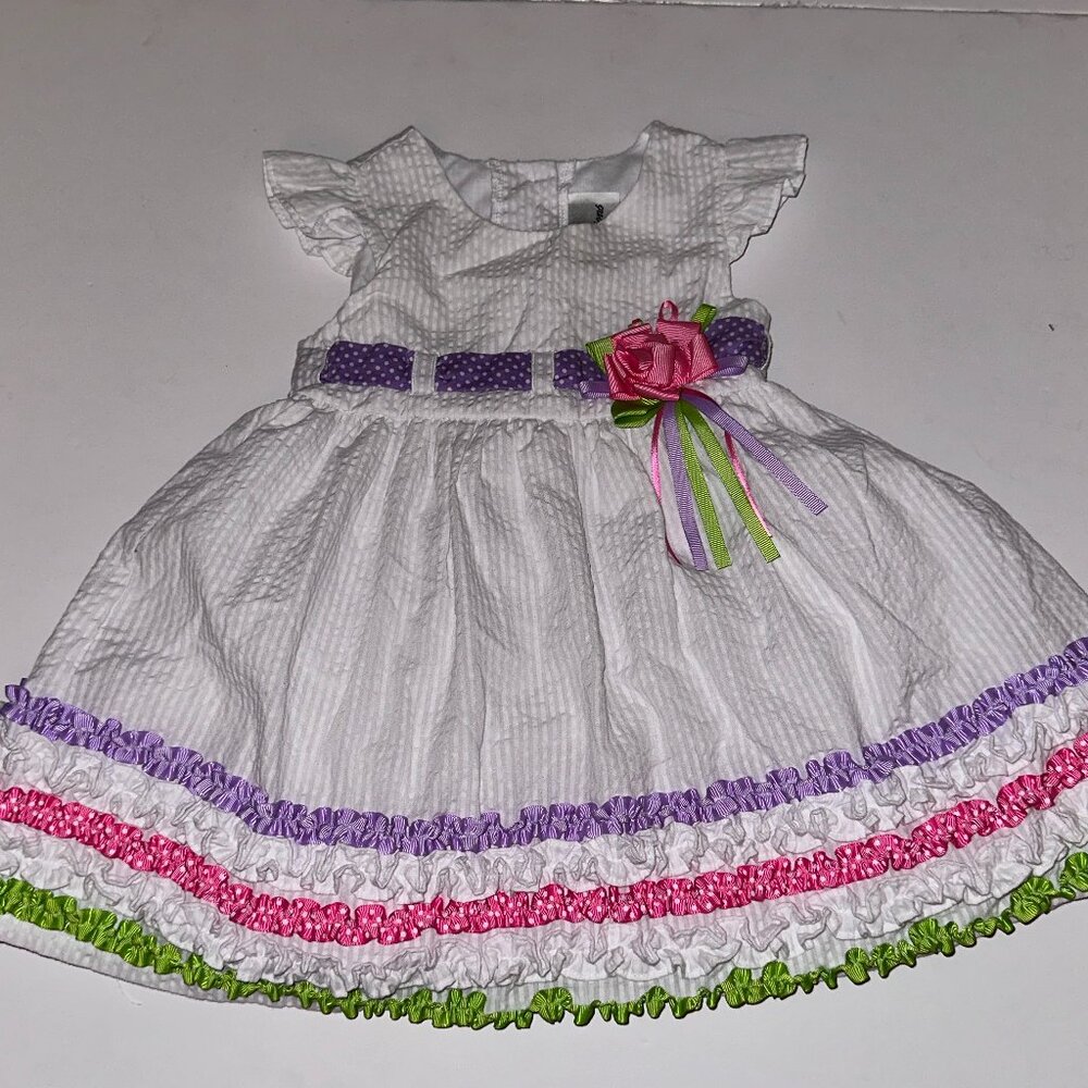 RARE EDITIONS 18 Months Girl White Seersucker Dress RIBBON TRIMMED darling!
